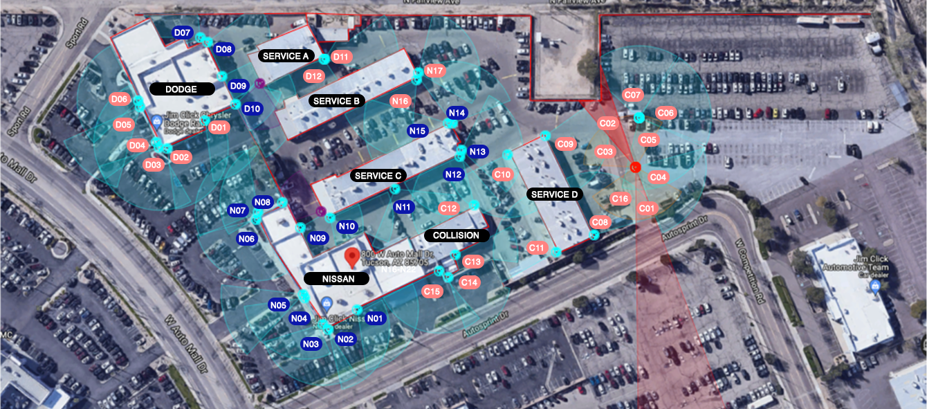 Sample commercial security camera floorplan with camera coverage zones for a parking lot