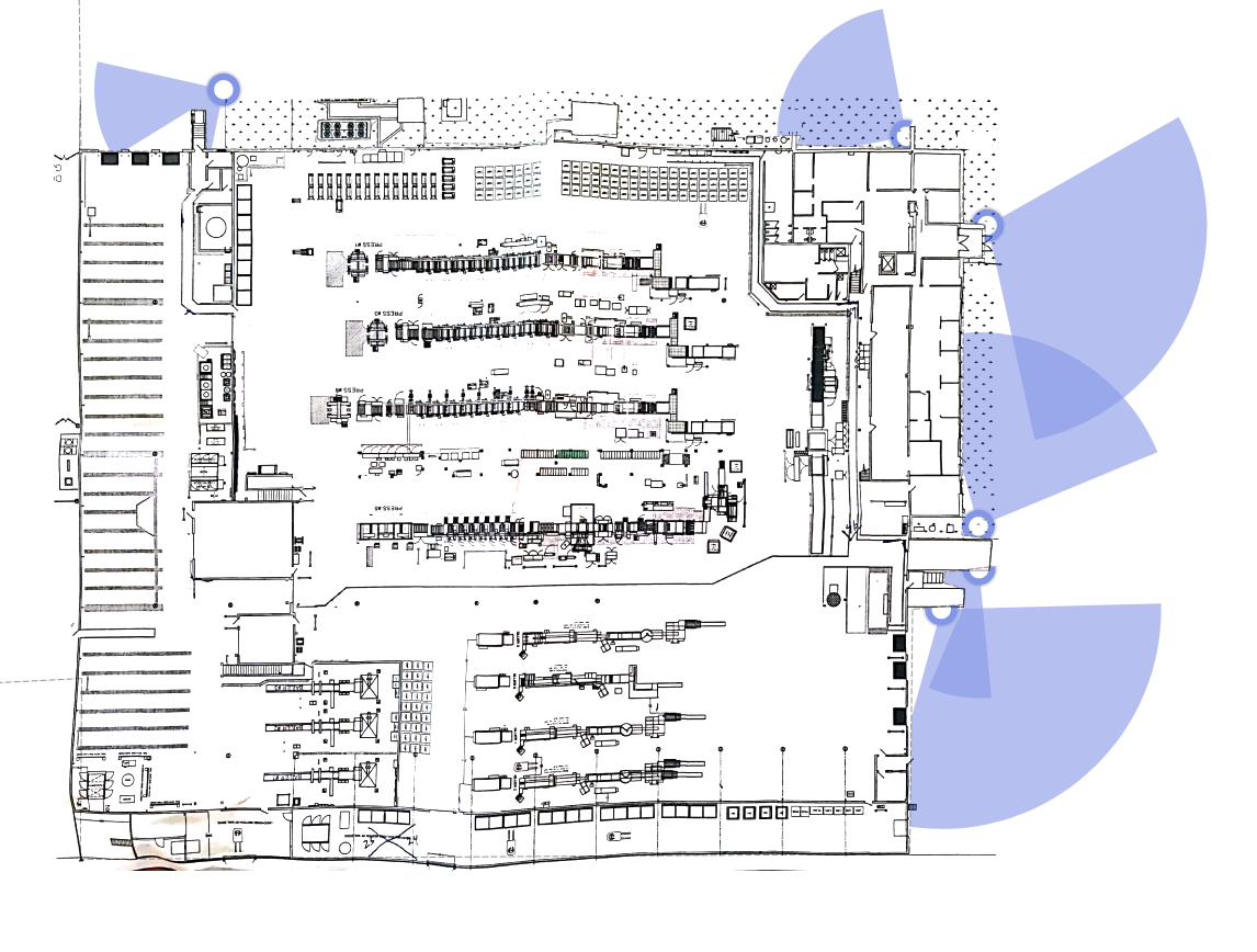 Sample security camera floorplan showing intrusion coverage zones around a commercial facility