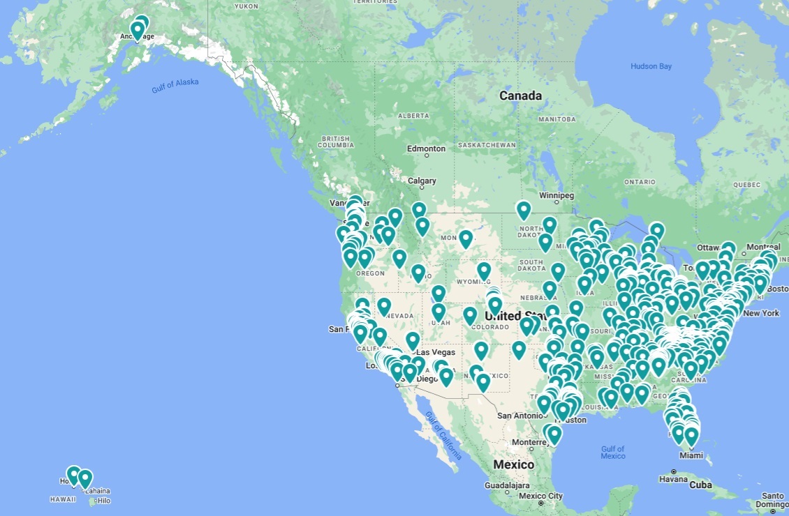 Map showing active and completed SCW installation projects across the United States