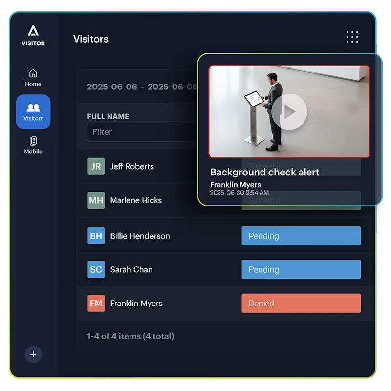 Visitor management dashboard showing a background check alert with linked video of a visitor at a check-in kiosk