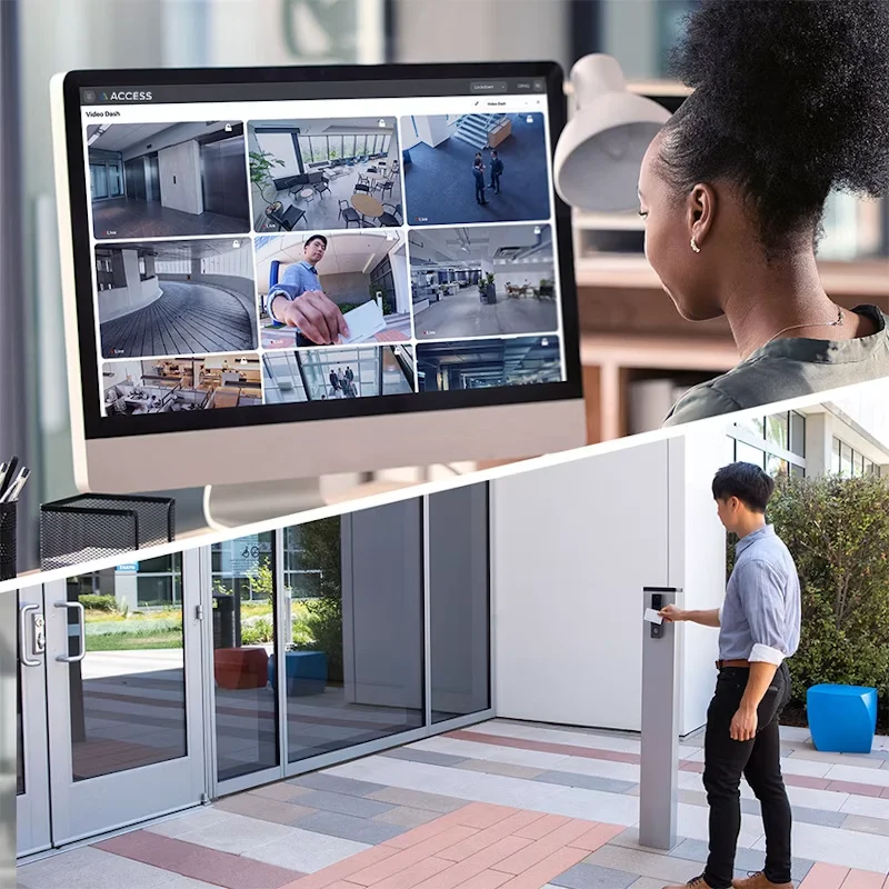 Avigilon Alta access control camera system showing a door event with corresponding security video